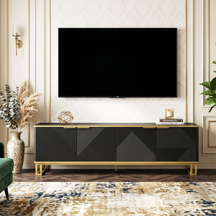 Luxury geometric texture TV stand, black & gold finish 4 doors CONCRETECURTAIN