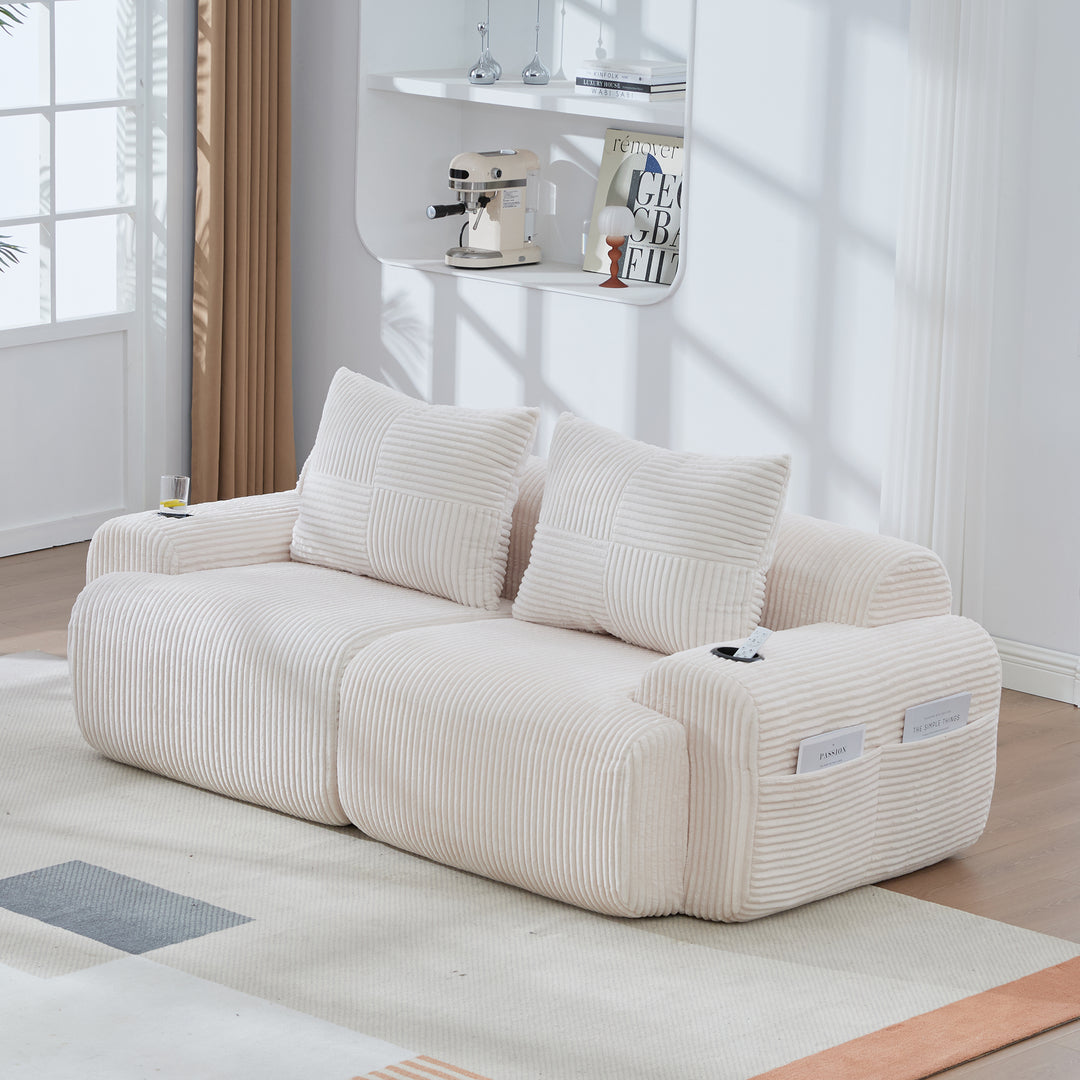 Beige corduroy 2-seater loveseat with cupholders and cushions LUXURY TRAY SET