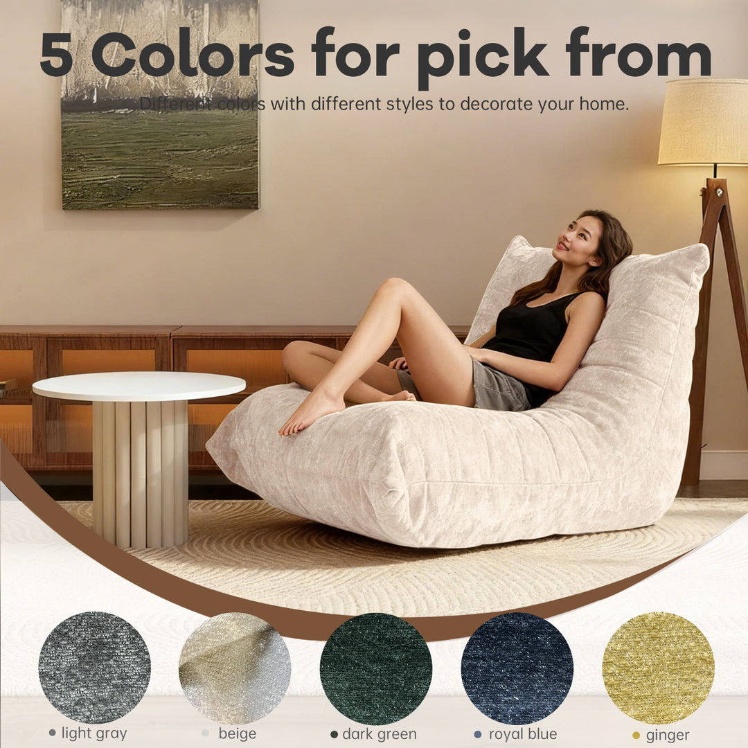 Comfy white chenille bean bag lazy sofa with full-body support & non-slip base SUNDIS