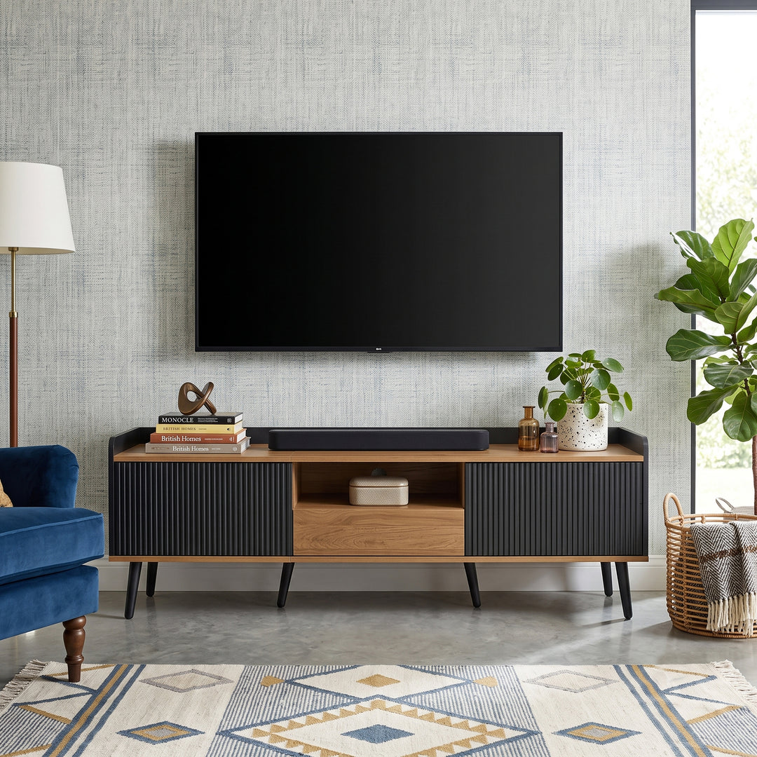 Wooden black fluted TV stand 3-door tapered legs CONSOLEECO