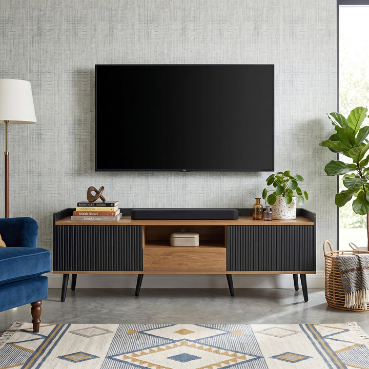 Wooden black fluted TV stand 3-door tapered legs CONSOLEECO