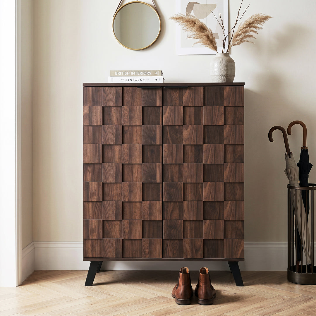 Walnut wooden shoe cabinet vintage geometric pattern with 2 doors CONCRETECLOCK