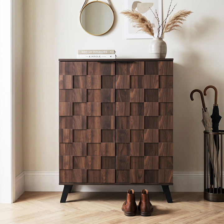 Walnut wooden shoe cabinet vintage geometric pattern with 2 doors CONCRETECLOCK