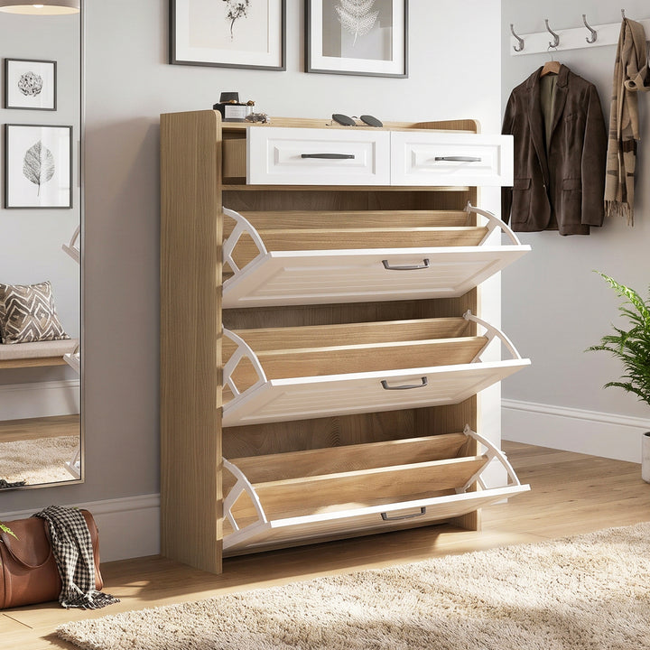 White shoe cabinet with 3 flip doors & 2 drawers 80x23.5x131cm ELEGANT TRAY ART