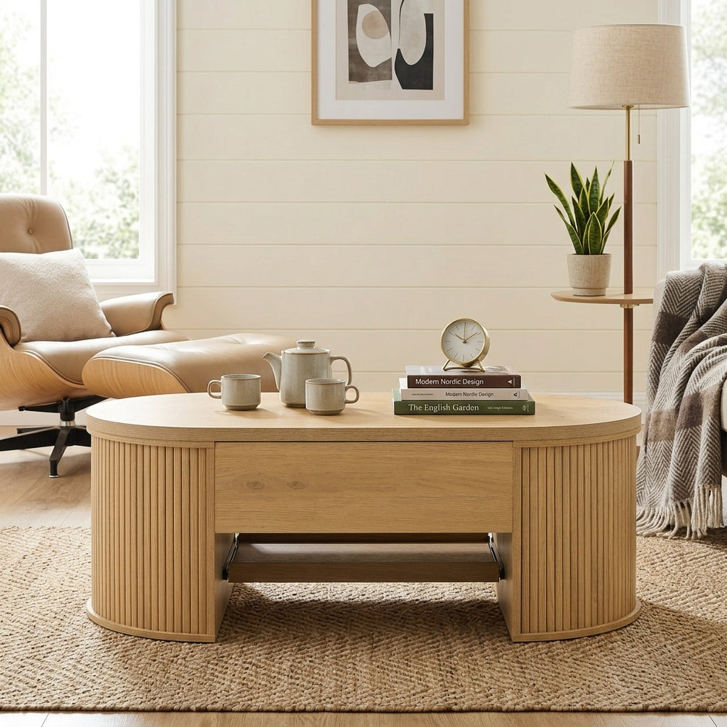 Light wooden oval lift-top coffee table with hidden storage and tray, rounded fluted design CONCRETEPILLOW