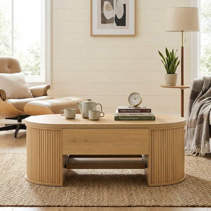 Light wooden oval lift-top coffee table with hidden storage and tray, rounded fluted design CONCRETEPILLOW
