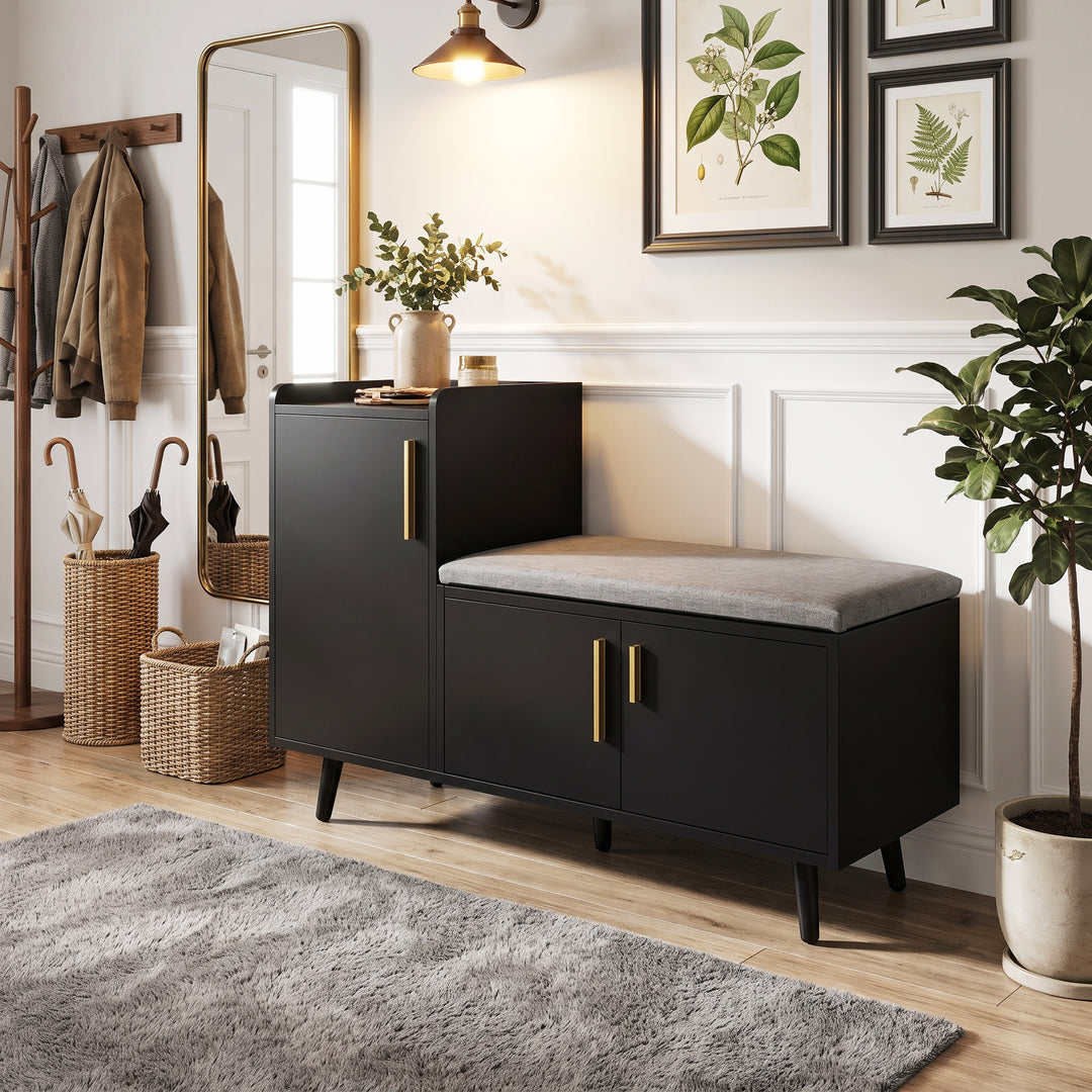 Modern L-shape black shoe storage bench, metal golden handles 100x34x69cm ELEGANT TABLE ART