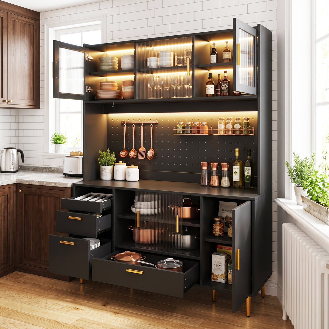 Tall black kitchen hutch cabinet with LED lighting and glass sliding doors 140×40×180cm COMPACTVASE