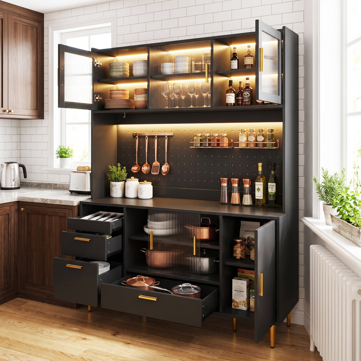 Tall black kitchen hutch cabinet with LED lighting and glass sliding doors 140×40×180cm COMPACTVASE