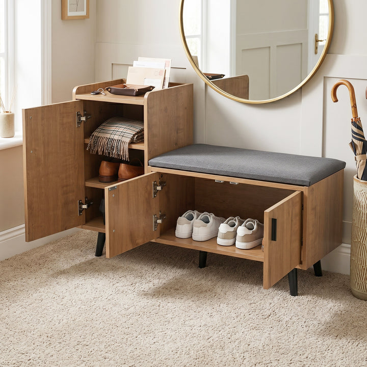 L shape wooden shoe storage with bench soft cushion 100x34x69cm ELEGANT THROW ART