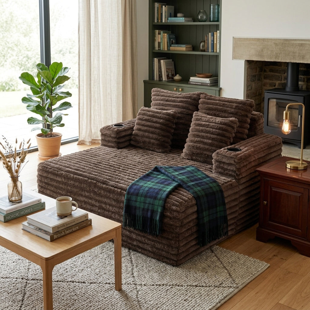 Brown Ribbed Velvet Extra-Large Lounge Chair with Cupholders WICKEROTTOMAN