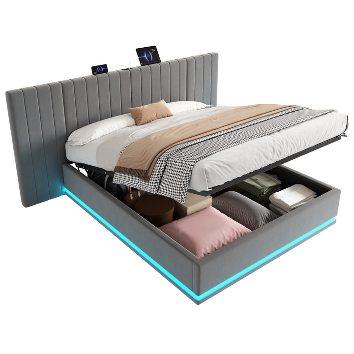 Grey velvet king ottoman bed end opening with LED lighting and charging station (150×200cm) REMEDIAT