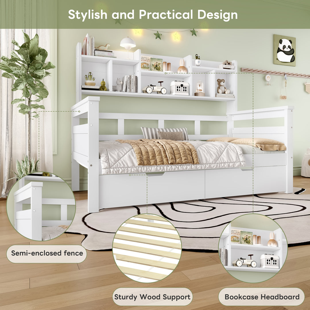 White wooden daybed with shelves and 2 drawers (90*190cm) SANDARAC