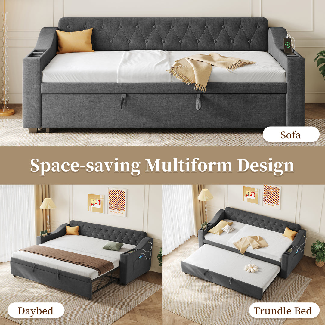 Dark grey linen tufted upholstered daybed with trundle and charging station CEARA