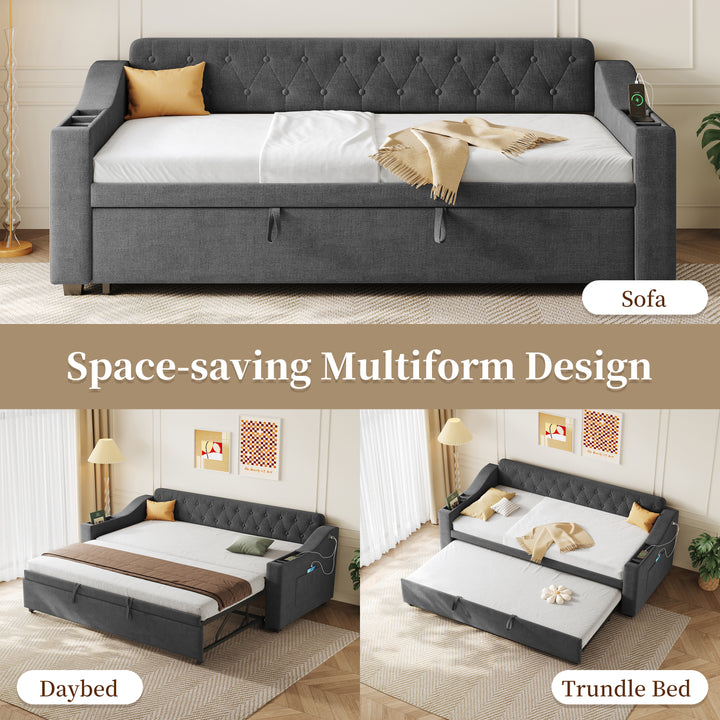 Dark grey linen tufted upholstered daybed with trundle and charging station CEARA