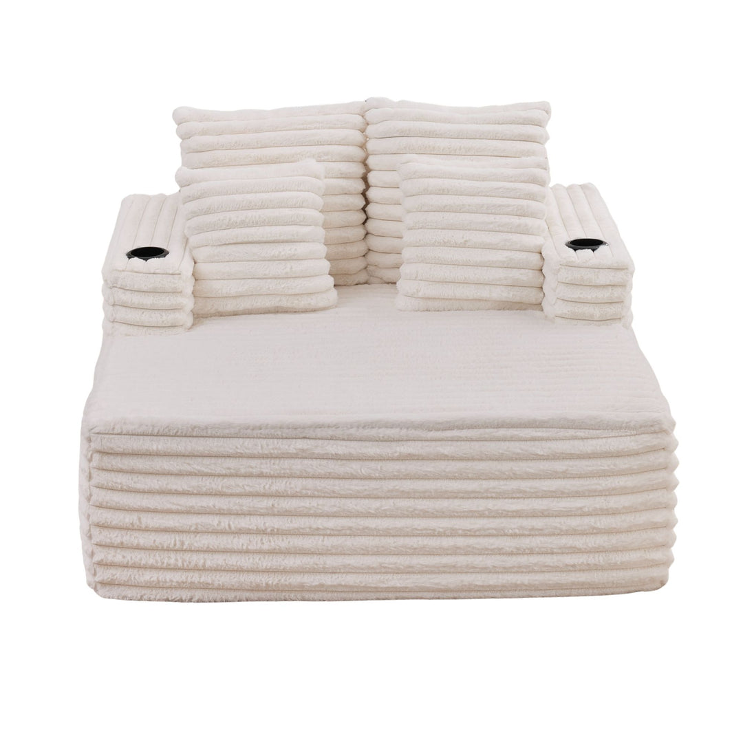 Corduroy Convertible Sleeper Sofa Bed, White Oversized Chair with Cup Holders and Pillows URBANWOODMAX