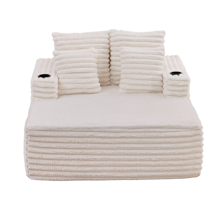 Corduroy Convertible Sleeper Sofa Bed, White Oversized Chair with Cup Holders and Pillows URBANWOODMAX