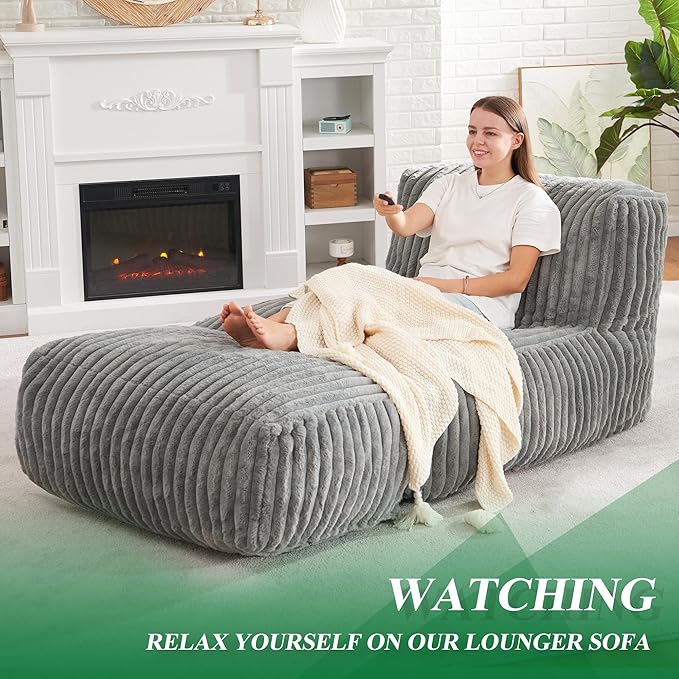 Comfy grey ribbed corduroy lazy sofa bean bag & ottoman set MYSTERIS