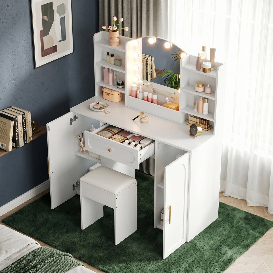Modern white vanity makeup table with stool, LED mirror 110x40x132cm ELEGANT TABLE SET
