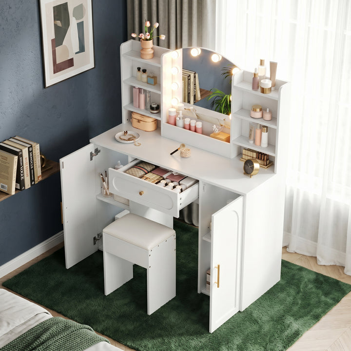 Modern white vanity makeup table with stool, LED mirror 110x40x132cm ELEGANT TABLE SET