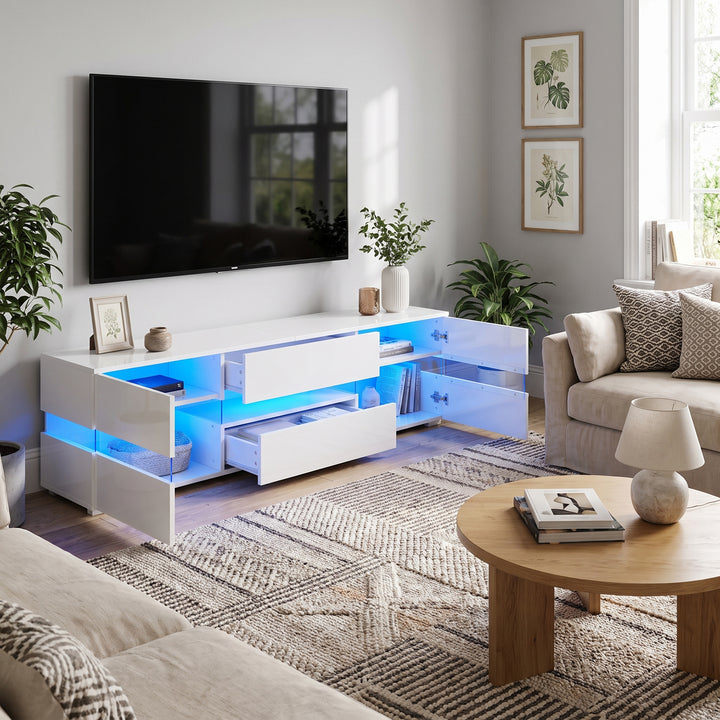 White high gloss TV stand with LED lights 4 doors 2 drawers 160cm COMPACTRESINPRIME
