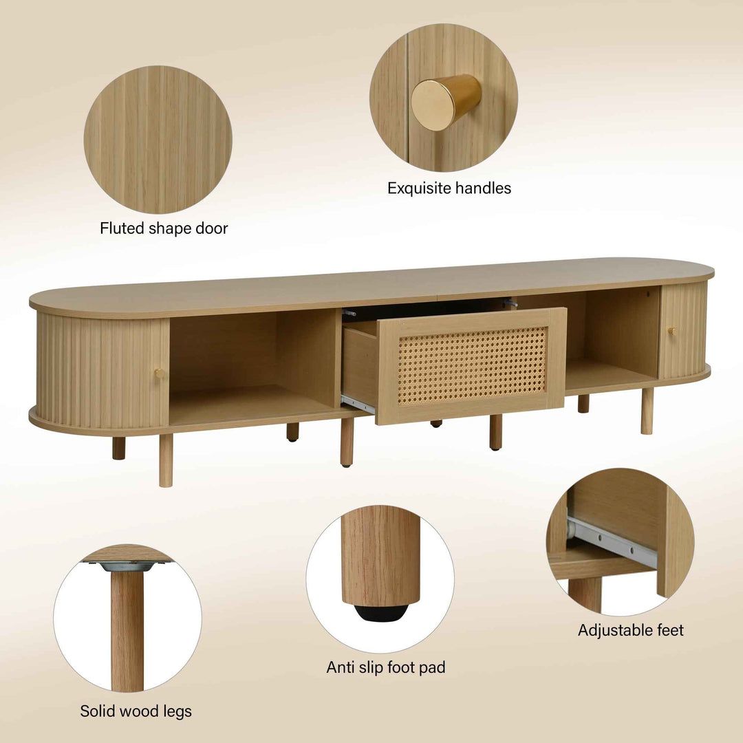 TV stand light wood 1 rattan drawer & 2 sliding doors, rounded corners 180cm