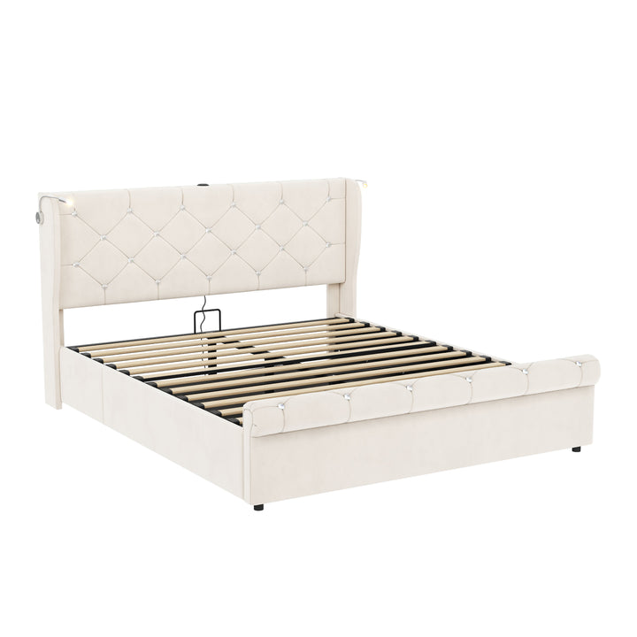 Beige velvet tufted upholstered ottoman double bed end opening (135x190cm) RADIOLARI