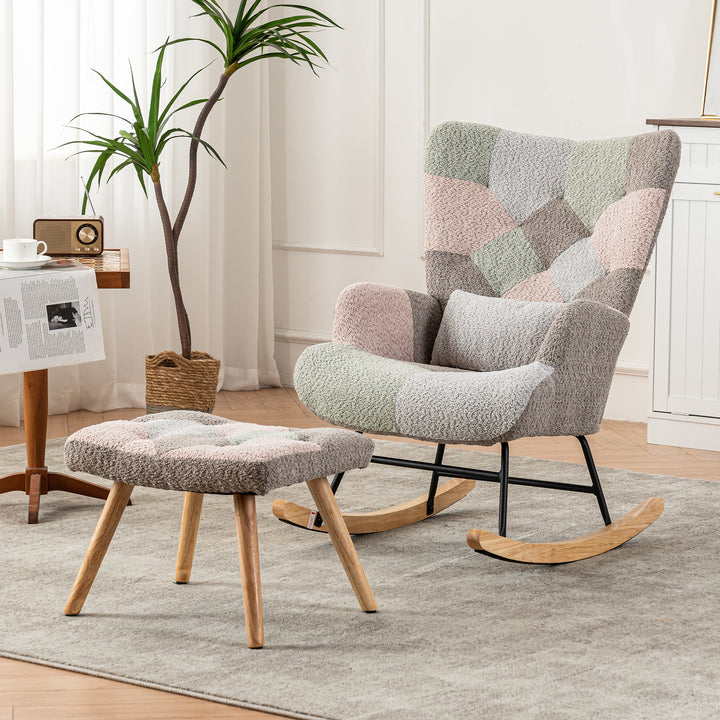 Patchwork rocking chair with footstool, bouclé fabric accent chair with wooden legs and cushion RECTRIX