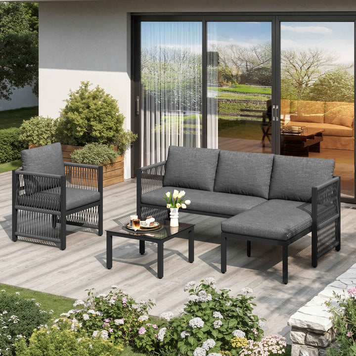 Garden furniture set 4-5 seater grey modular sofa with tempered glass table INFINITECASCD