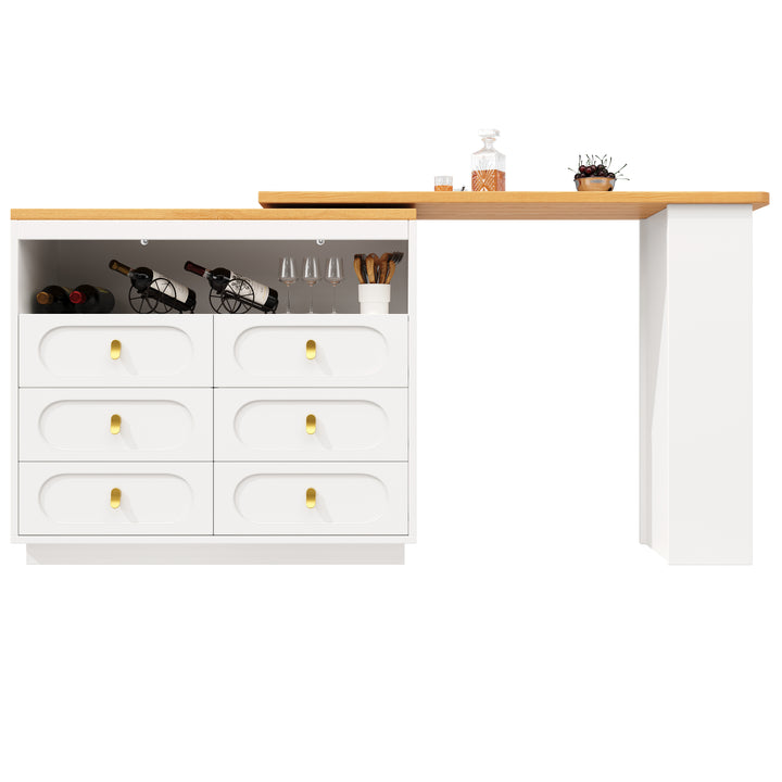 White 360° rotating extendable bar table with 6-drawer storage SYCAMOREBALL