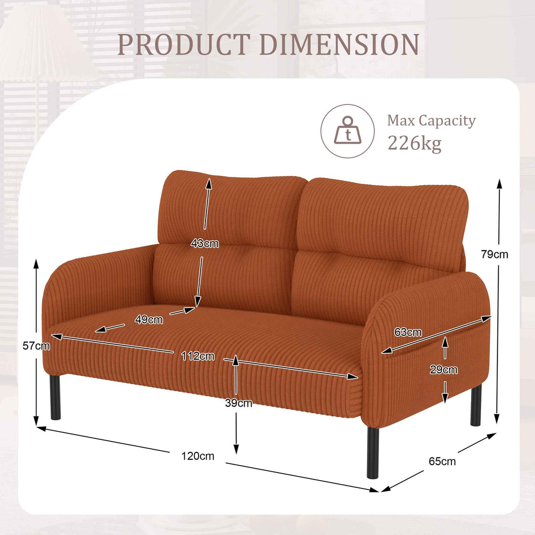 00+Corduroy Loveseat Sofa 2 Seater, Orange, Soft High-Density Foam, Double Side Pockets, Living Room & Bedroom NOVAIST
