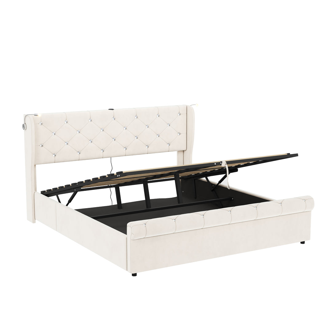 Velvet beige king size ottoman bed end opening with USB reading light 150x200cm PINNACLEION