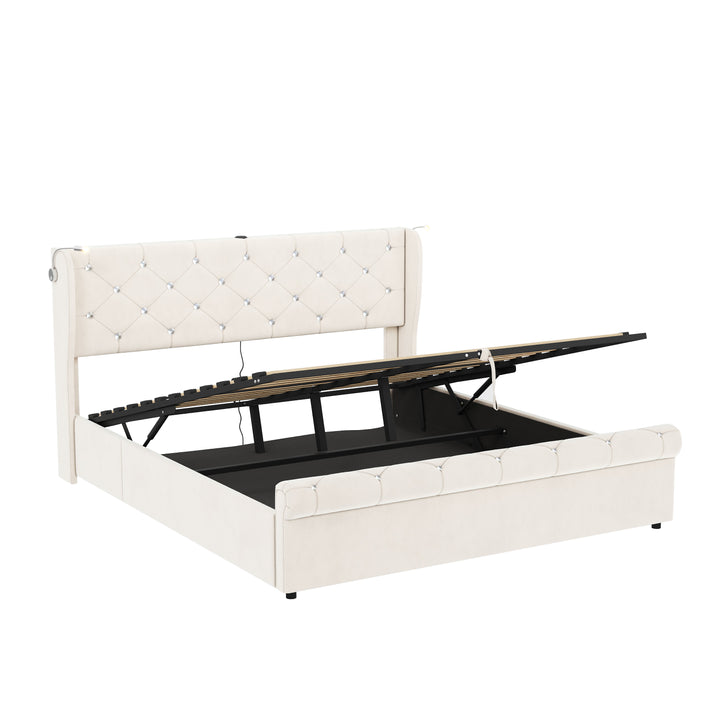 Velvet beige king size ottoman bed end opening with USB reading light 150x200cm PINNACLEION