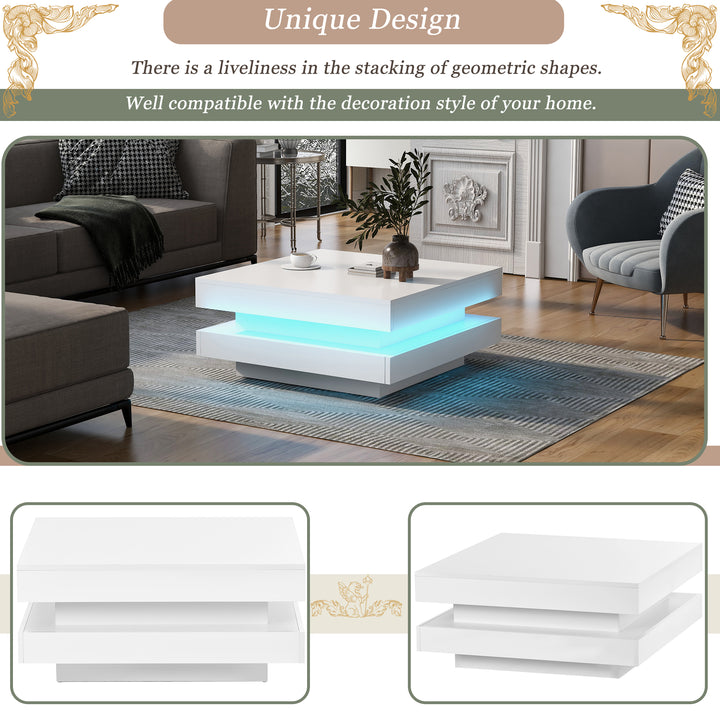 White square high gloss coffee table 360° rotating with 16-color LED light 70x70x36cm UHEX UK