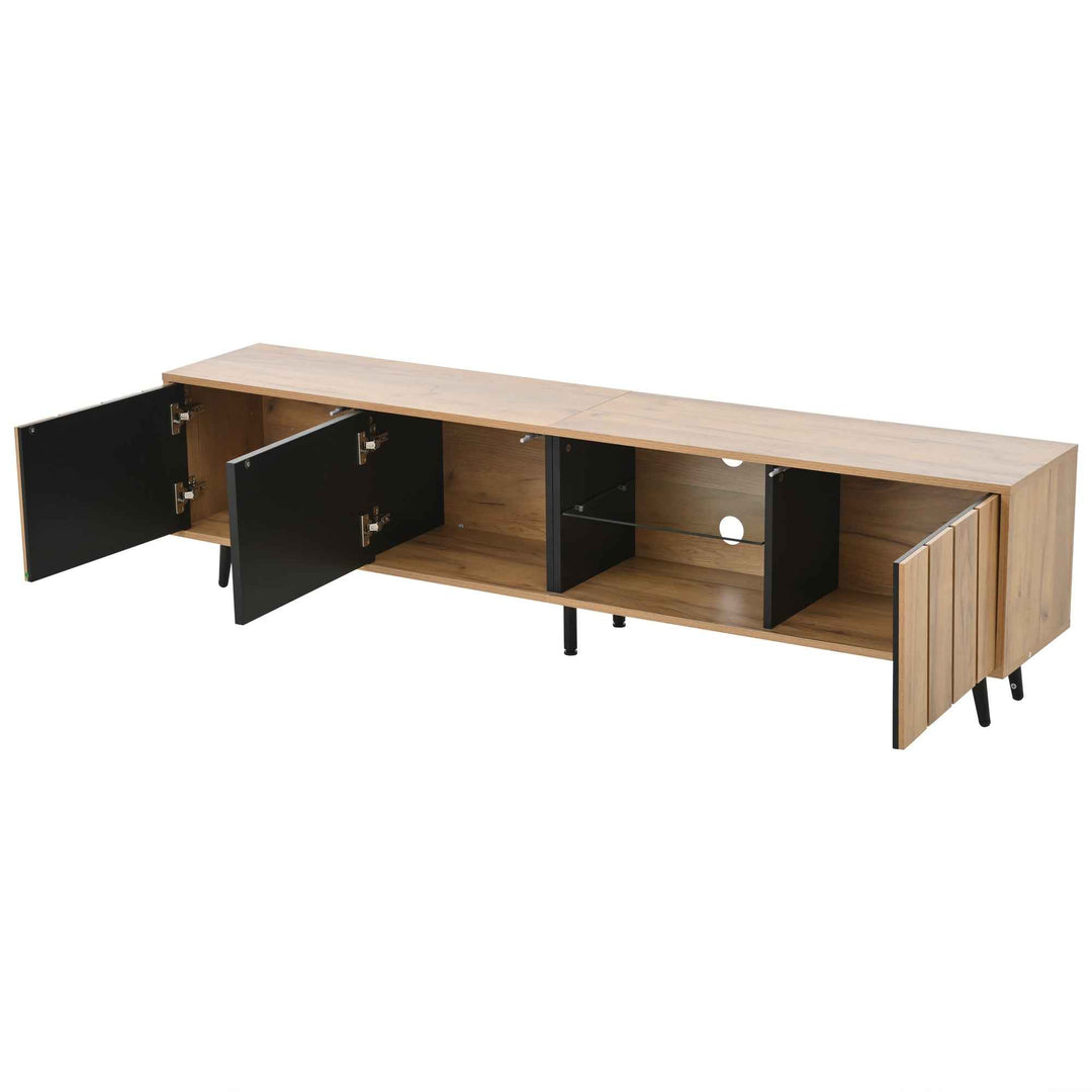 TV stand cabinet wood look & black, 3 doors glass shelf FLAREKRYOS