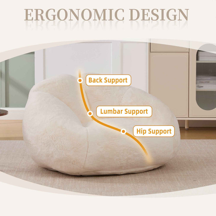 Lazy chair shell shaped sofa beige faux fur, memory foam bean bag chair removable cover