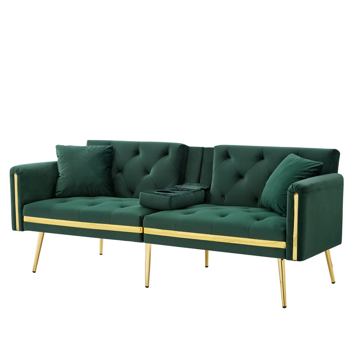Green tufted velvet 2-seater sofa bed with adjustable backrest and hidden cup holders golden accent HYDROPON