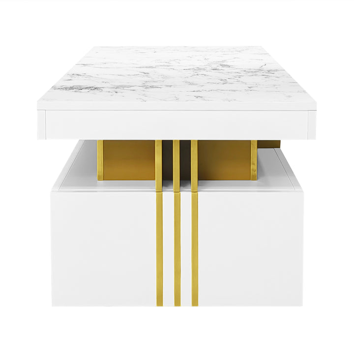 White marble look coffee table with gold accents and 2 drawers CREPUSCRAY