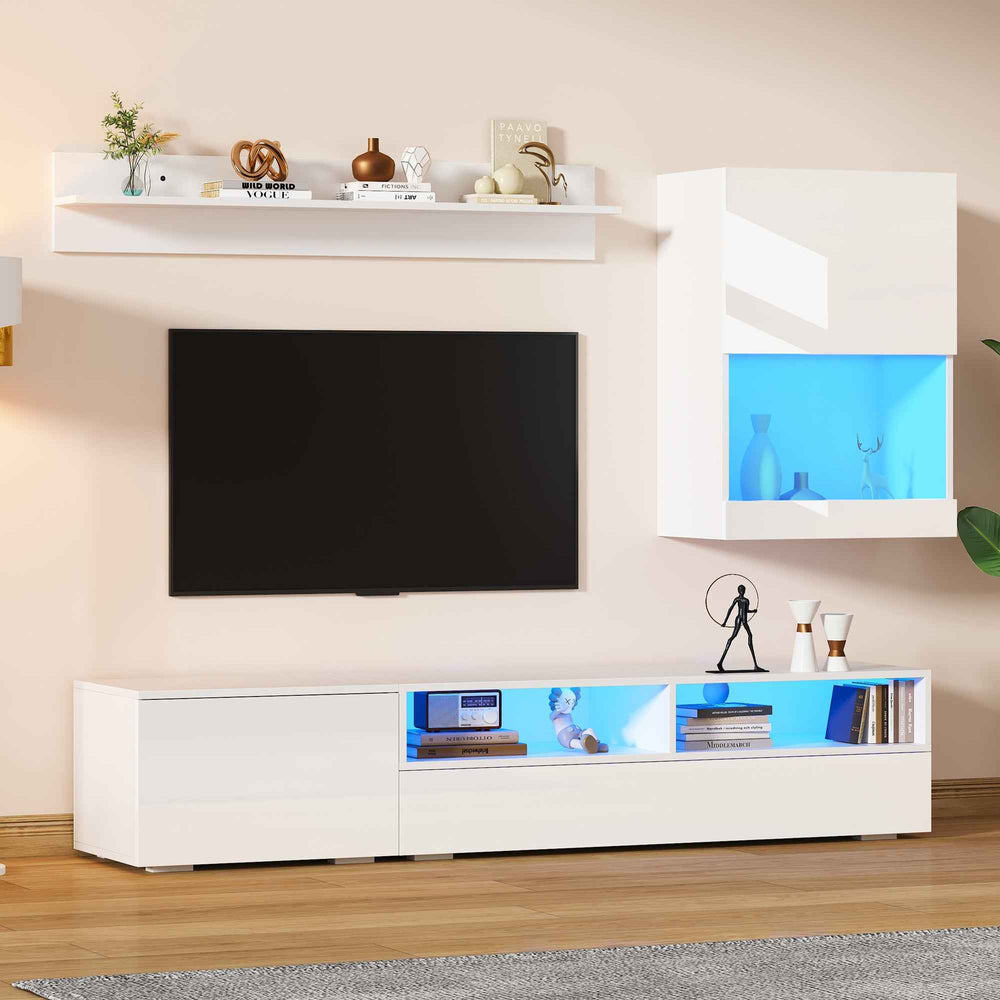3 piece TV stand and wall unit set white high gloss with LED lighting