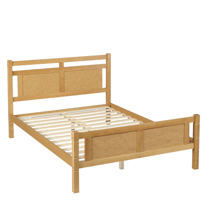 Wooden Double Bed 4ft6 (135x190cm), Solid Pine & MDF, Rattan Headboard, Sturdy Slats, Natural Finish, Versatile Style for Bedrooms SERENEORA