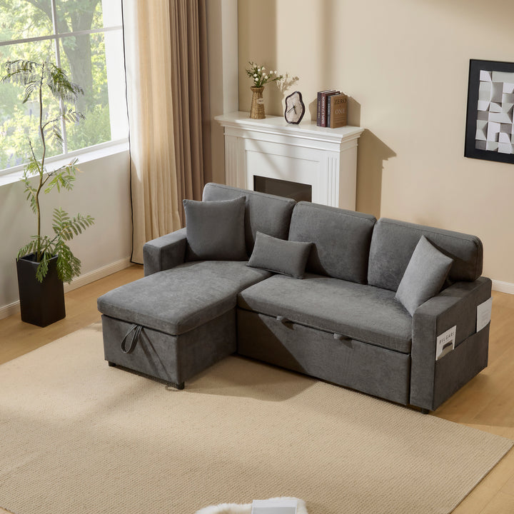 Grey L-shaped corner sofa bed, side shelf with integrated USB and storage VOLATILGAS