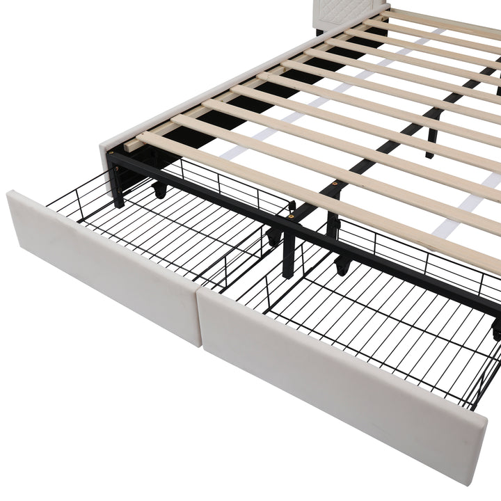 Beige velvet upholstered double bed (135×190cm) 2 drawers and storage pockets PORE