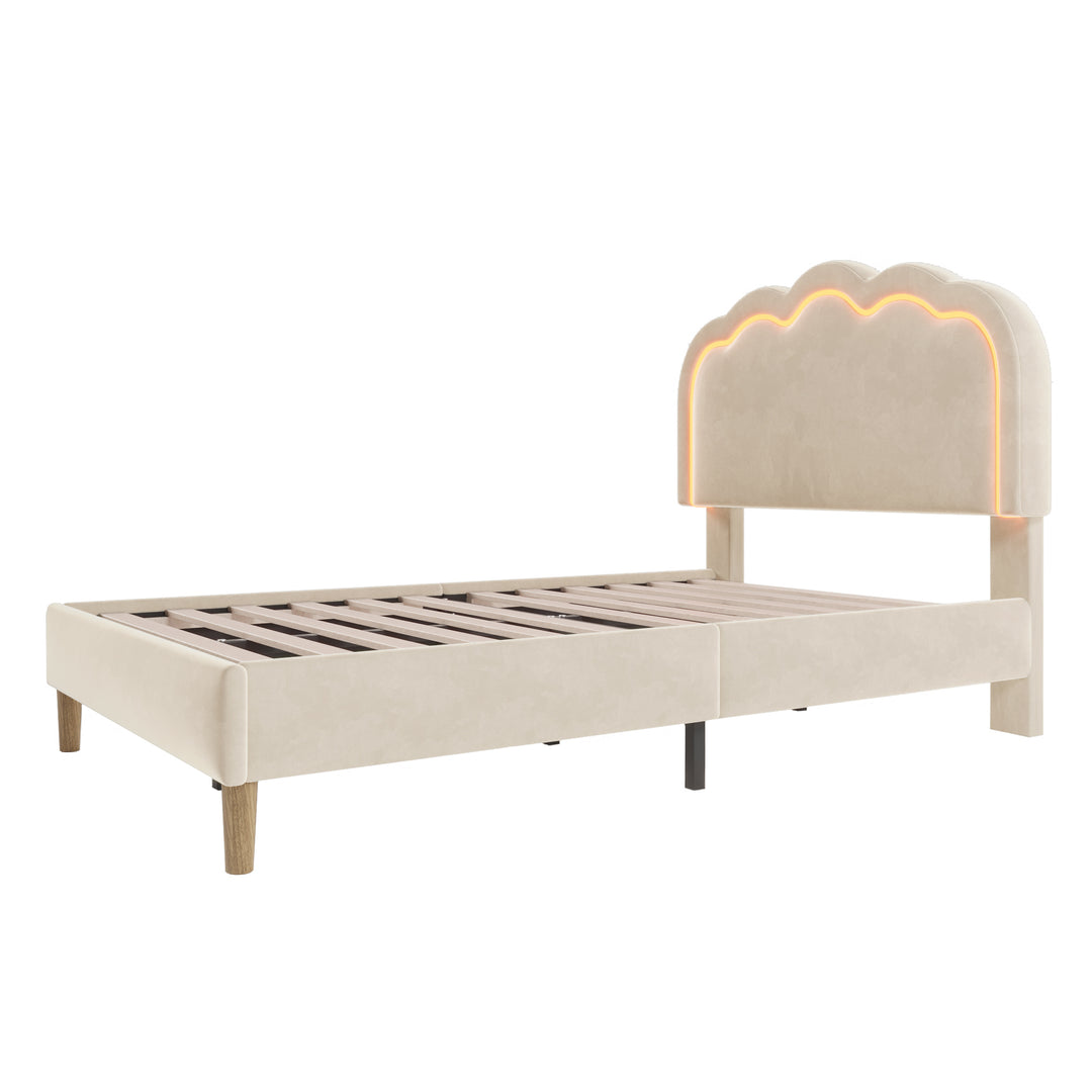 Beige velvet upholstered divan bed frame with LED, headboard height adjustable INDROX BEIGE UK