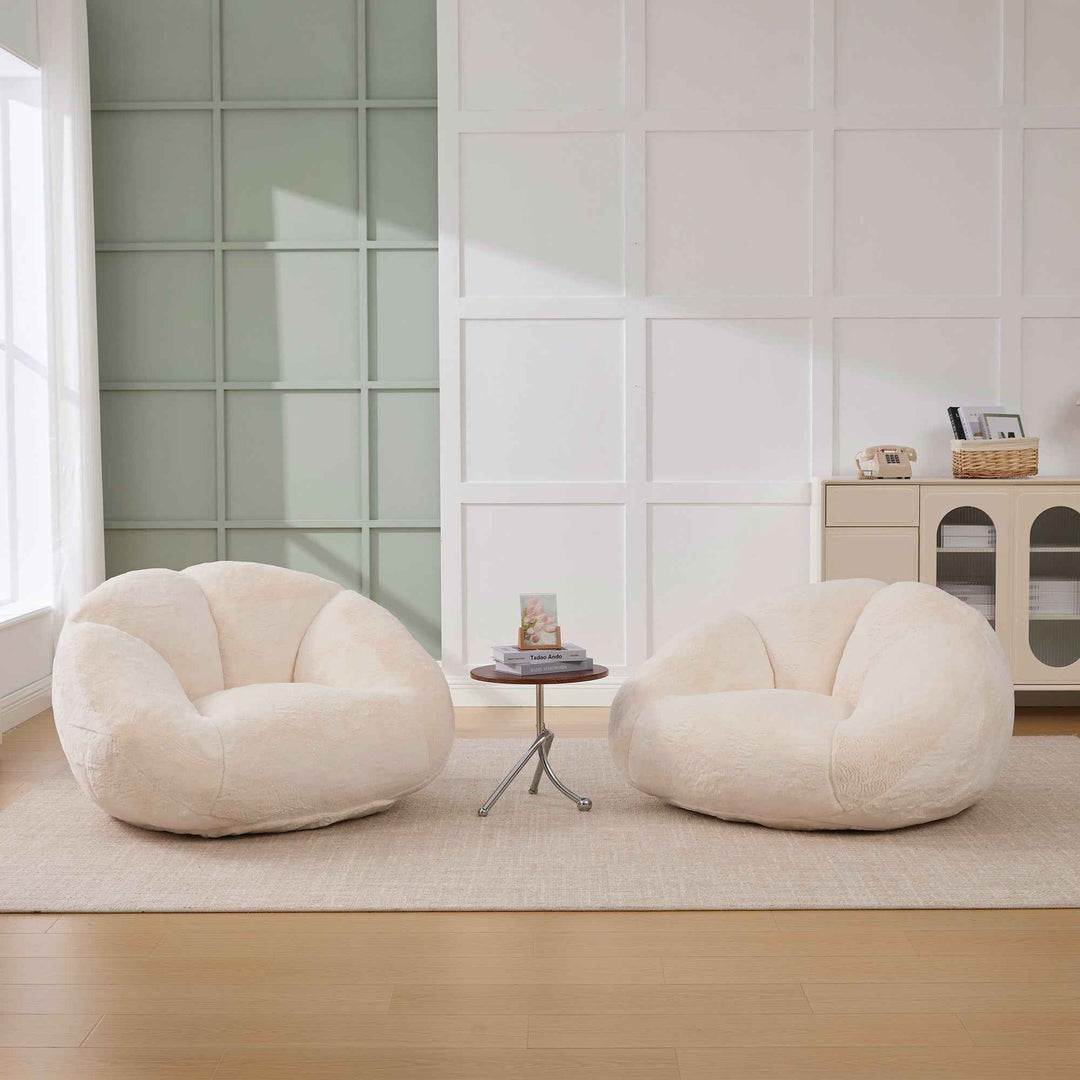 Lazy chair shell shaped sofa beige faux fur, memory foam bean bag chair removable cover