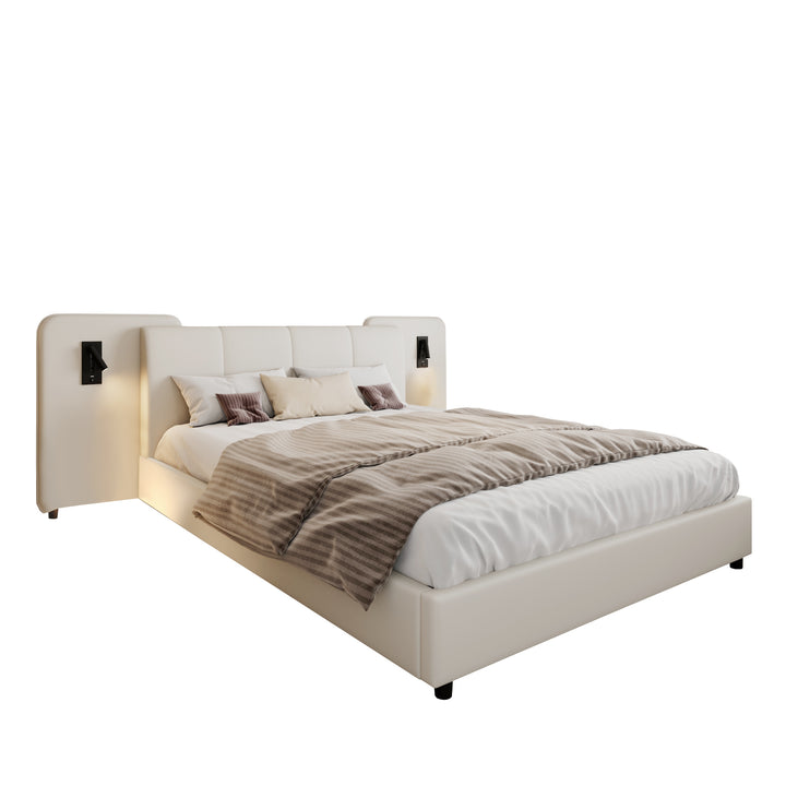 Beige upholstered divan double bed with side lamps and charging port 135x190cm UNITOS