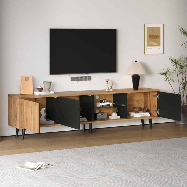 TV stand cabinet wood look & black, 3 doors glass shelf FLAREKRYOS