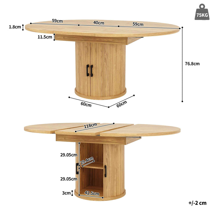Extendable natural wooden look dining table round to oval 118–158cm INFINITEQUASI