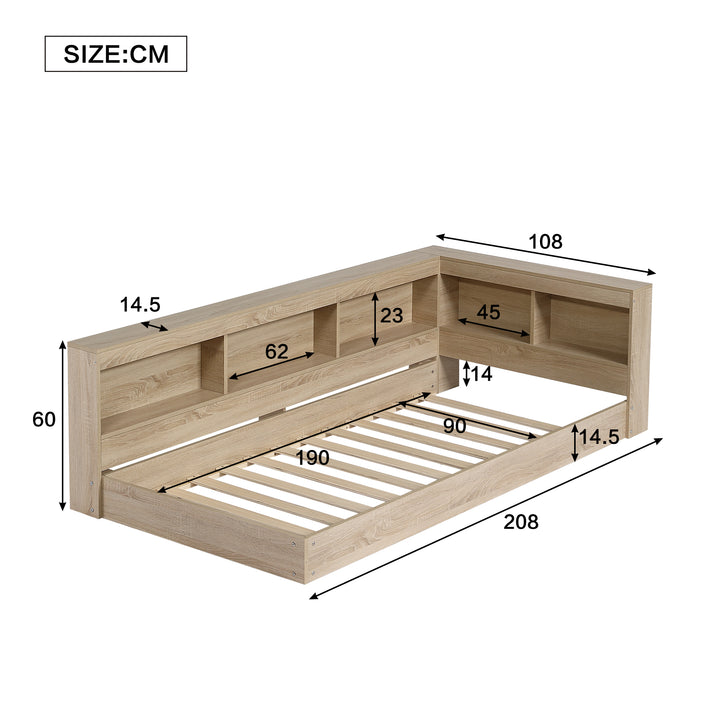 Oak storage single bed with storage shelves, daybed 90x190cm AIRGLOW UK