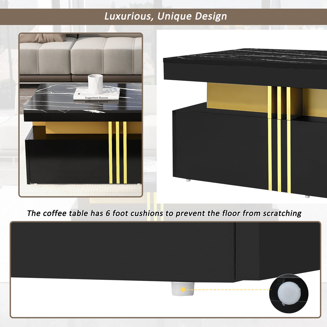 Modern black coffee table with marble-pattern top golden accents LEDGER