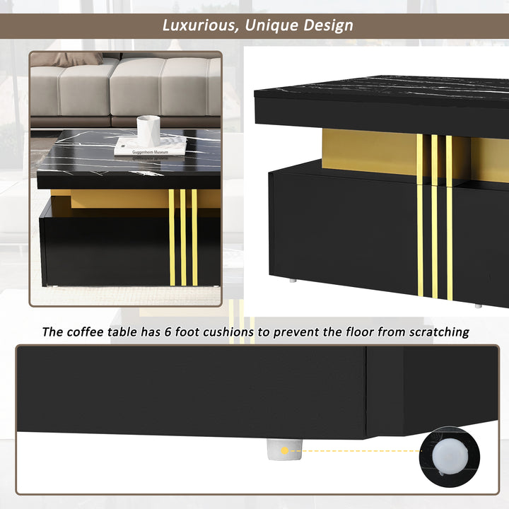Modern black coffee table with marble-pattern top golden accents LEDGER